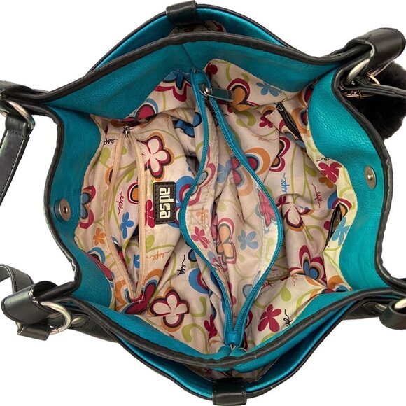 Espe Black Vegan Leather Purse Tote Bag pouch With Pom-Pom Floral Interior boho - Picture 3 of 14